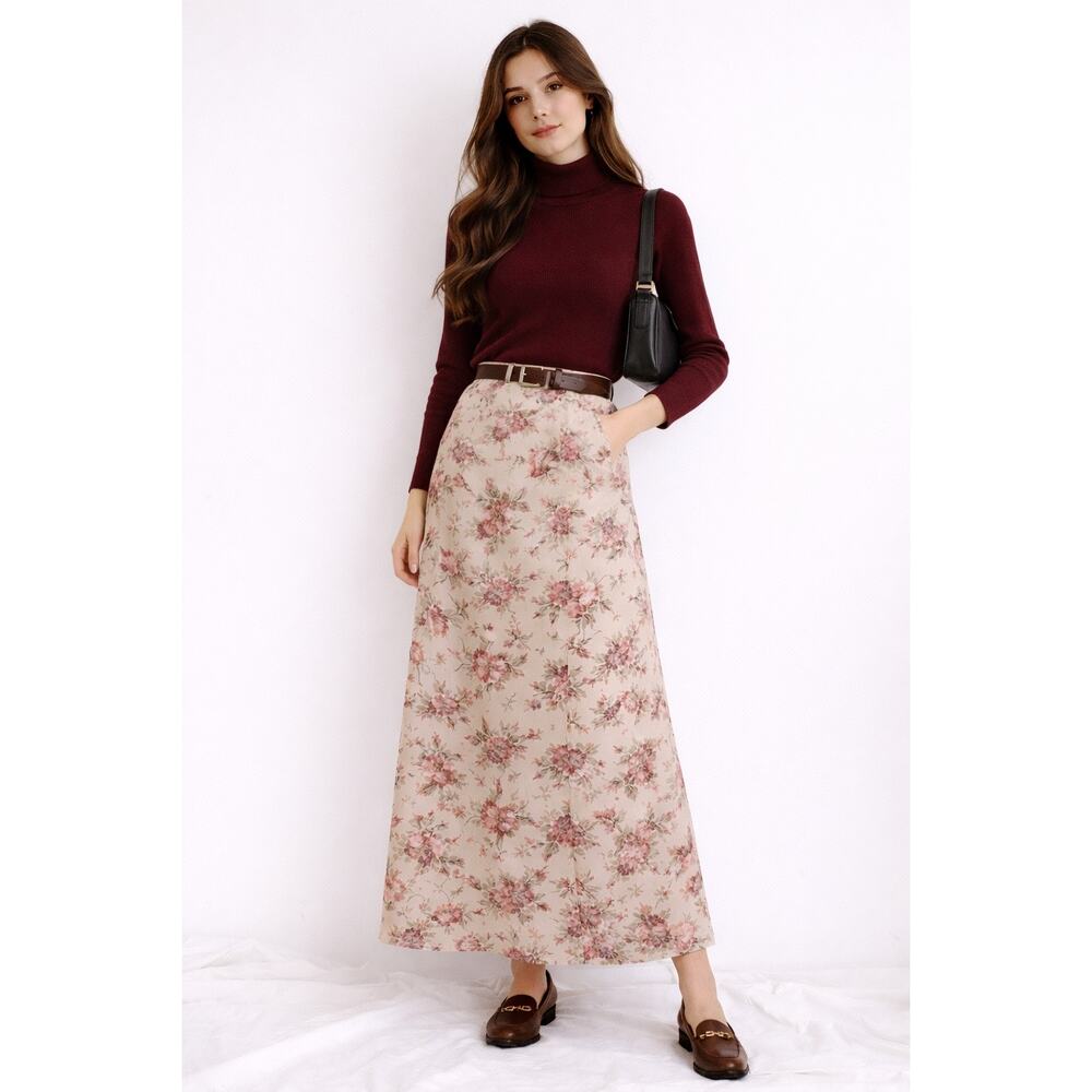 Vintage 90s Eddie Bauer Midi Skirt Size 10 Floral Cream Red Equestrian Preppy - Picture 8 of 10